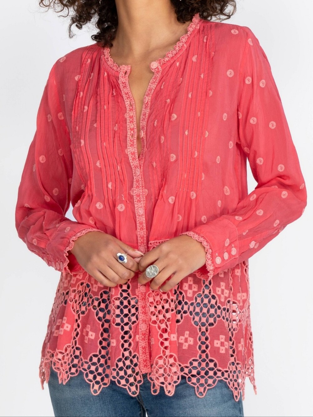 Johnny Was Baez Phaedra Blouse Embroidery top Small Red Boho